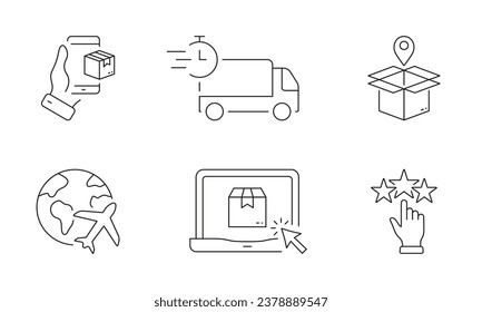 Shipping Logistic Line Icon Set. Online Delivery Service Linear Pictogram. Shipment Truck, Order Purchase Outline Symbol. Global Air Transportation Sign. Editable Stroke. Isolated Vector Illustration.