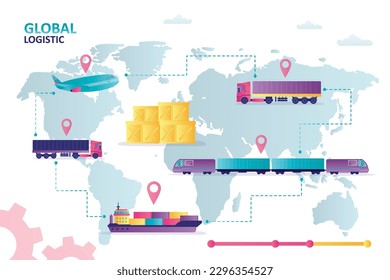Shipping, logistic supply chain, infographic. Export, import concept background with global earth map, pointers and connections. Shipping and service worldwide, world map of delivery. flat vector