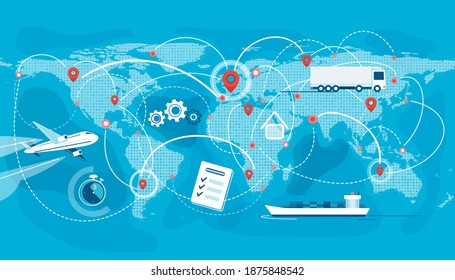 Shipping, Logistic Supply Chain Vector Illustration. Export, Import Concept Background With Global Earth Map, Pointers And Connections. Plane, Truck, Cargo Boat Delivery Symbols.