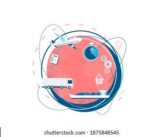 Shipping, logistic supply chain vector illustration. Export, import concept isolated on white background with world earth globe and plane, truck, cargo boat delivery symbols.