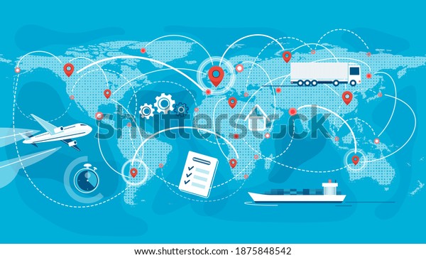 Shipping, logistic\
supply chain vector illustration. Export, import concept background\
with global earth map, pointers and connections. Plane, truck,\
cargo boat delivery\
symbols.