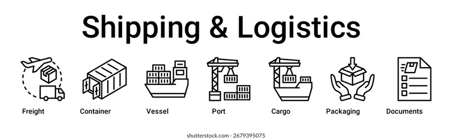Concepto de Ilustración vectorial de ícono de Web de Anuncio de envío y logística para negocios con ícono de carga, contenedor, buque, puerto, carga, embalaje, entrega.