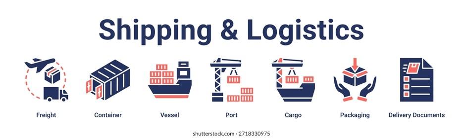 Concepto de Ilustración vectorial de ícono de Web de Anuncio de envío y logística para negocios con ícono de carga, contenedor, buque, puerto, carga, embalaje, entrega.