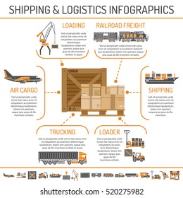 Shipping and logistics Concept infographics with Two Color Icons Set such as air cargo, trucking, ship, railroad freight Isolated vector illustration.