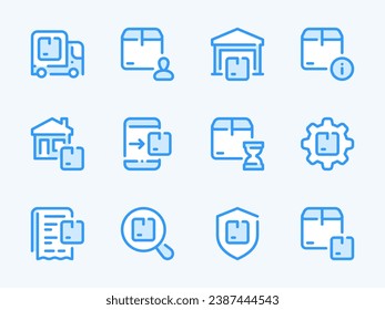 Shipping, Logistics and Delivery Box vector line icons. Deliver the Package and Order Transportation outline icon set. Cargo Truck, Settings, Info, Online Order, Home Delivery, Storage and more.