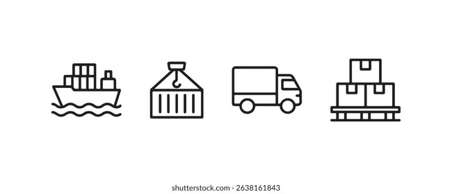 Shipping and logistics icon set featuring ship, container, truck, and pallet.