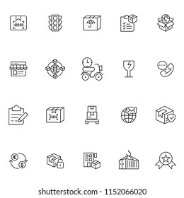 Shipping Logistics Line Icon. Delivery. Set of outline vector icons. Includes such as Loading, Express Delivery, Tracking Number Search, Cargo Ship and other. Editable Stroke. 