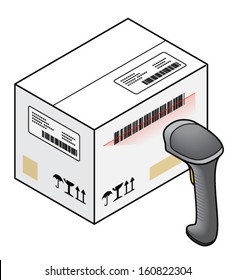 Shipping logistics management: Stock control: A barcode scanner scanning a barcode on a shipment parcel. 