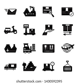 Shipping Logistics Parcel Delivery Elements Solid Black Silhouette Vector Icon Set Pack Illustration
