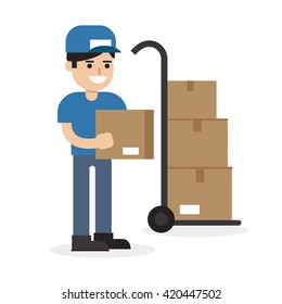 Shipping and logistics service .Delivery man and delivery cart. Flat design. Vector illustration.