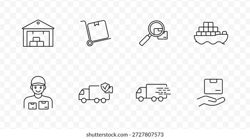 Icono de conjunto de envío y logística. Iconos de línea que muestran almacén, carro con caja, lupa, barco de carga, persona de entrega, camión con escudo, camión en movimiento, mano con paquete