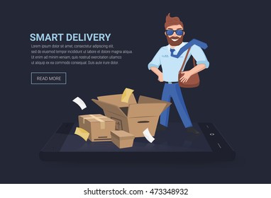 Shipping mobile eshop order, expres smartphone delivery flat vector illustration