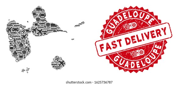 Shipping mosaic Guadeloupe map and grunge stamp seal with FAST DELIVERY text. Guadeloupe map collage formed with gray random transport icons. Red round FAST DELIVERY seal stamp with unclean texture.