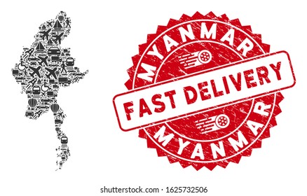 Shipping mosaic Myanmar map and rubber stamp seal with FAST DELIVERY text. Myanmar map collage formed with gray random traffic items. Red round FAST DELIVERY seal stamp with distress texture.