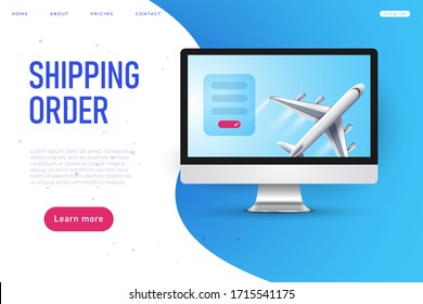 shipping order web page, plane 3d realistic model into desktop mockup. web page landing