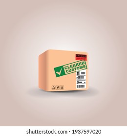 shipping package with green stamp  cleared customs. import-export international shipment passed verification. vector illustration