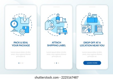 Shipping package tips blue onboarding mobile app screen. Walkthrough 3 steps editable graphic instructions with linear concepts. UI, UX, GUI template. Myriad Pro-Bold, Regular fonts used