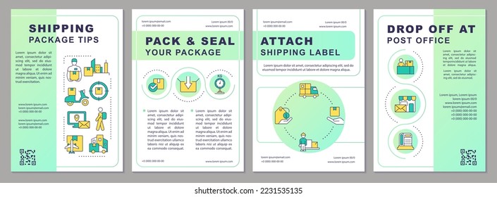 Shipping package tips green brochure template. Send parcel tips. Leaflet design with linear icons. Editable 4 vector layouts for presentation, annual reports. Arial, Myriad Pro-Regular fonts used