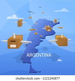Shipping of packages in Argentina. Online shopping: package flying over the map of Argentina. Vector image