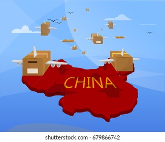 Shipping packages from China: Hundreds of packages coming from China to the rest of the world. Promotional day. Vector image.