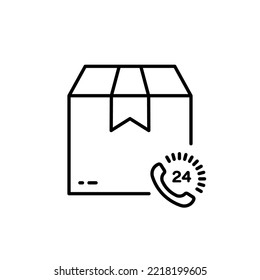 Cuadro de paquete de envío alrededor del icono de línea de reloj. Servicio de entrega rápida 24 horas 7 días de duración Pictograma lineal. Orden De Transporte Icono De Esquema 24-7. Stroke editable. Ilustración de vectores aislados.