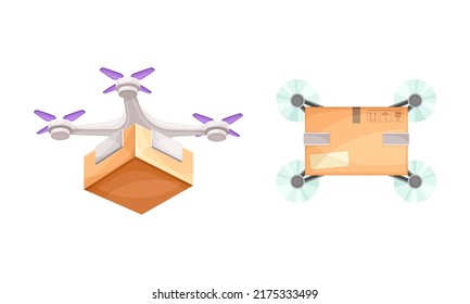 Paquete de envío con drones. Ilustración vectorial de la tecnología moderna de servicio de entrega