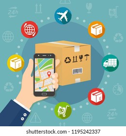 Shipping parcel gps tracking order flat design concept vector illustration