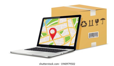 Shipping parcel GPS tracking order design. Laptop with GPS map on screen and cardboard box with packaging symbols.