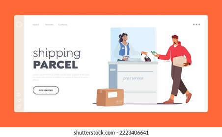 Shipping Parcel Landing Page Template. Man Visiting Post Office Holding Parcel in Hands Paying for Weigh Box on Scales on Reception Desk. Mail Delivery Service, Postage. Cartoon Vector Illustration