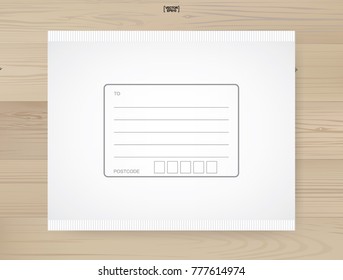 Shipping parcel tied with area for write address on wood background. White paper envelope for online delivery. Vector illustration.