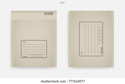 Shipping parcel tied with area for write address. Brown paper envelope. Object for online delivery. Vector illustration.