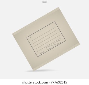 Shipping parcel tied with area for write address. Brown paper envelope. Object for online delivery. Vector illustration.