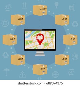 Shipping parcel tracking order design. Computer display with GPS map on screen and shipping cardboard boxes.