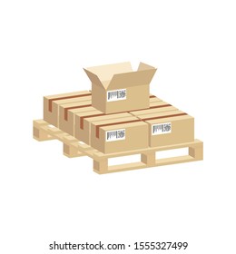 Shipping parcels in cardboard boxes, packed on pallet.Vector isometric and 3D view.	