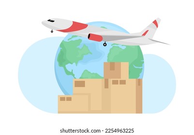 Shipping parcels and freight by plane flat concept vector illustration. Editable 2D cartoon scene on white for web design. Freight transportation creative idea for website, mobile, presentation