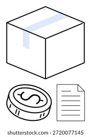 Envío, pago, comercio electrónico, entrega, logística, comercio. Caja minimalista, símbolo de moneda e icono de documento de papel en blanco y negro. Concepto de envío y pago