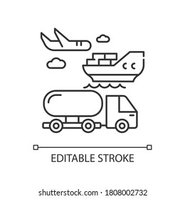 Shipping pixel perfect linear icon. Freight transportation, delivery service thin line customizable illustration. Contour symbol. Commercial shipment. Vector isolated outline drawing. Editable stroke