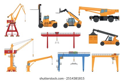 Shipping port equipment industrial heavy lifting crane transportation set vector flat illustration. Engineering shipment cargo machine for work at warehouse harbor terminal construction site