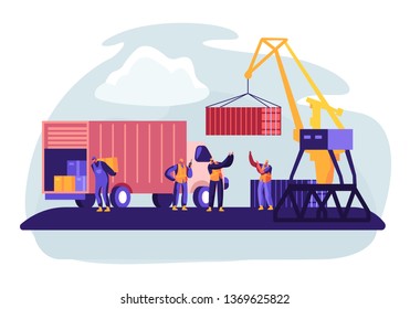 Puerto de envío con Contenedores de Carga de Cubas de Puerto a Barco de Mercancías Marinas. Trabajadores portuarios llevan cajas desde el Coche en los muelles cerca del faro. Logística Marítima Mundial. Ilustración de vectores planos de caricaturas