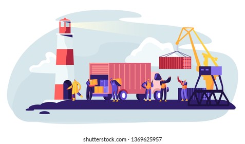 Shipping Port with Harbor Crane Loading Containers to Marine Freight Boat. Seaport Workers Carry Boxes from Truck in Docks near Lighthouse. Global Maritime Logistic. Cartoon Flat Vector Illustration