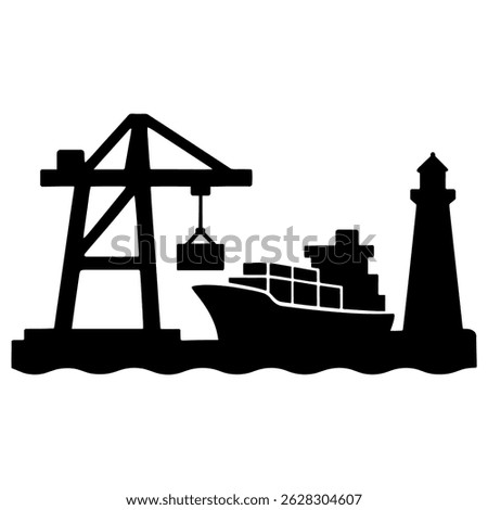 Shipping port logistics cargo container ship crane and lighthouse black silhouette vector illustration