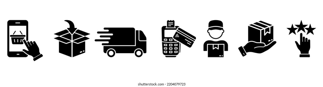 Juego de iconos de silueta de la Guía de Pedidos de Envío. Pictograma de glifo infográfico de proceso de entrega. Icono de flujo de entrega de línea de tiempo de compras. Pago a Courier por envío. Ilustración de vectores aislados.