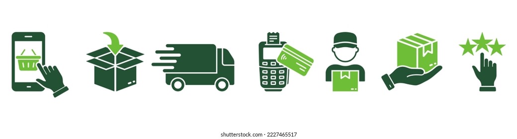 Juego de iconos de silueta de la Guía de Pedidos de Envío. Pictograma verde infográfico del proceso de entrega. Icono de flujo de entrega de línea de tiempo de compras. Pago a Courier por envío. Ilustración de vectores aislados.