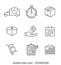 Shipping & Receiving Icon Set with Boxes, Warehouse, checklist, etc