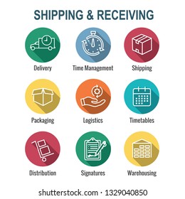 Shipping and Receiving Icon Set w Boxes, Warehouse, checklist, etc