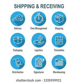 Shipping and Receiving Icon Set w Boxes, Warehouse, checklist, etc