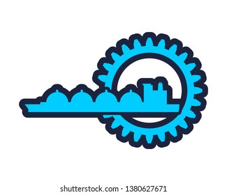 Shipping relative emblem. Nuatical cargo tank in gear icon