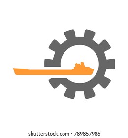 Shipping relative emblem. Nuatical cargo vessel in gear icon