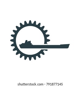 Shipping relative emblem. Nuatical cargo vessel in gear icon