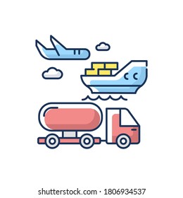 Shipping RGB Color Icon. Freight Transportation, Delivery Service. Commercial Shipment, Production Distribution By Sea, Land And Air. Isolated Vector Illustration